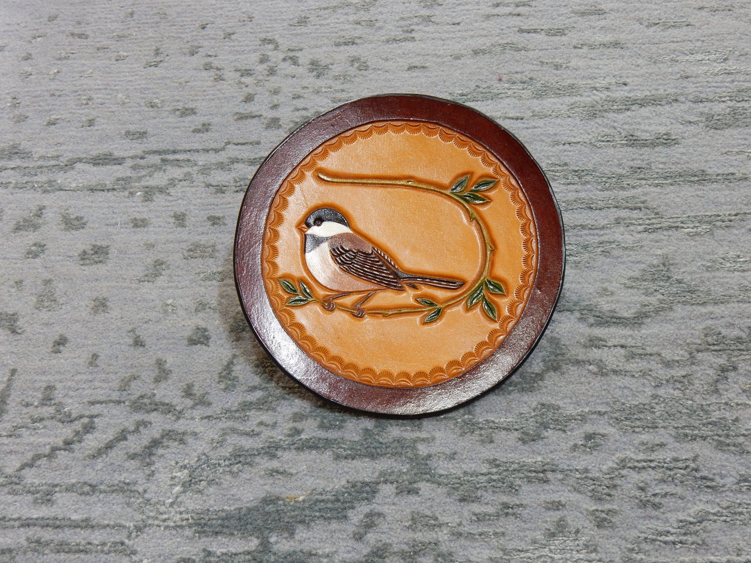 Yu Family Coal Tit Carved Leather Coaster&nbsp;