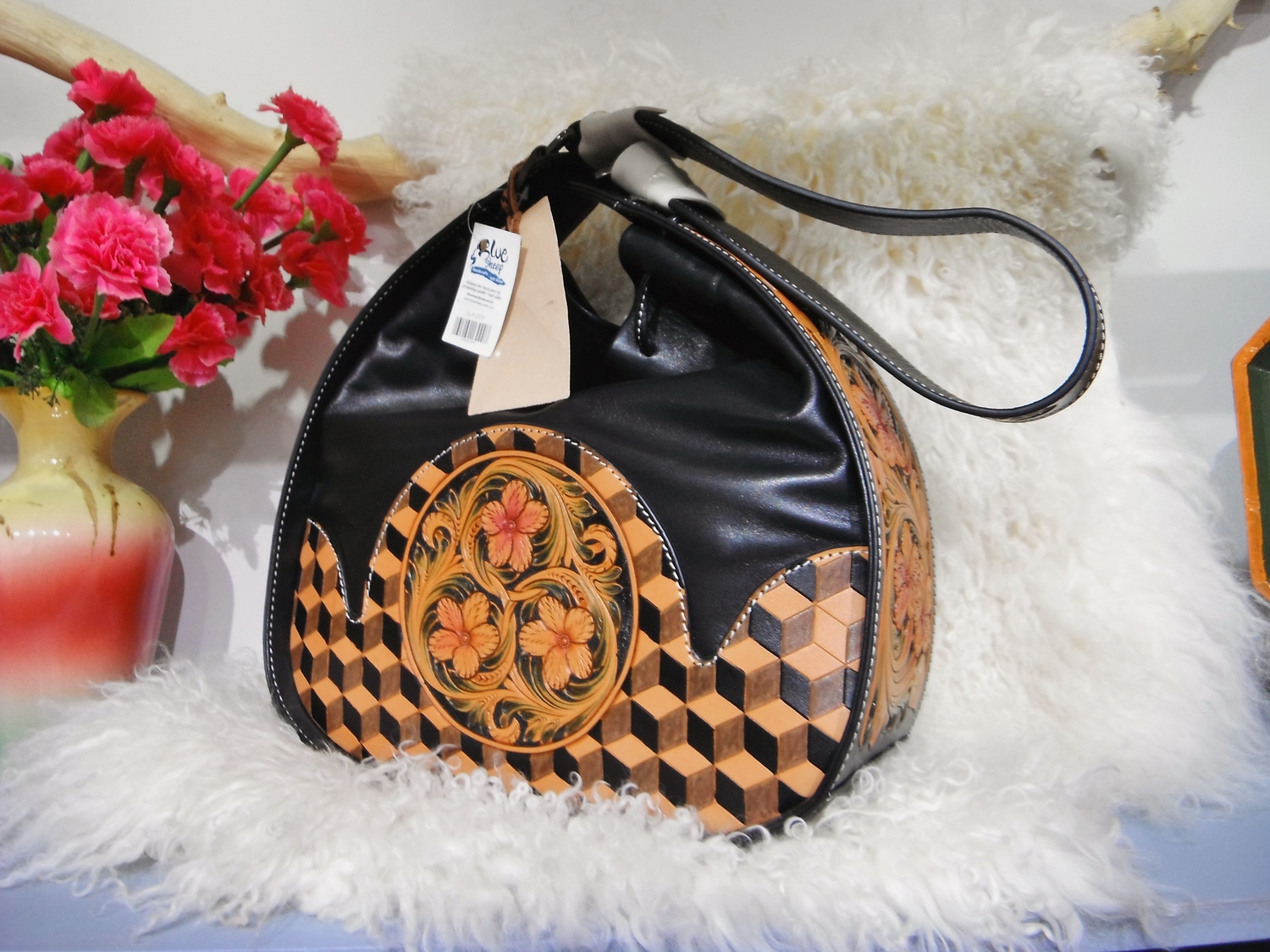 <p>Yu Family Carved Leather Large Handbag with Sling&nbsp;</p>